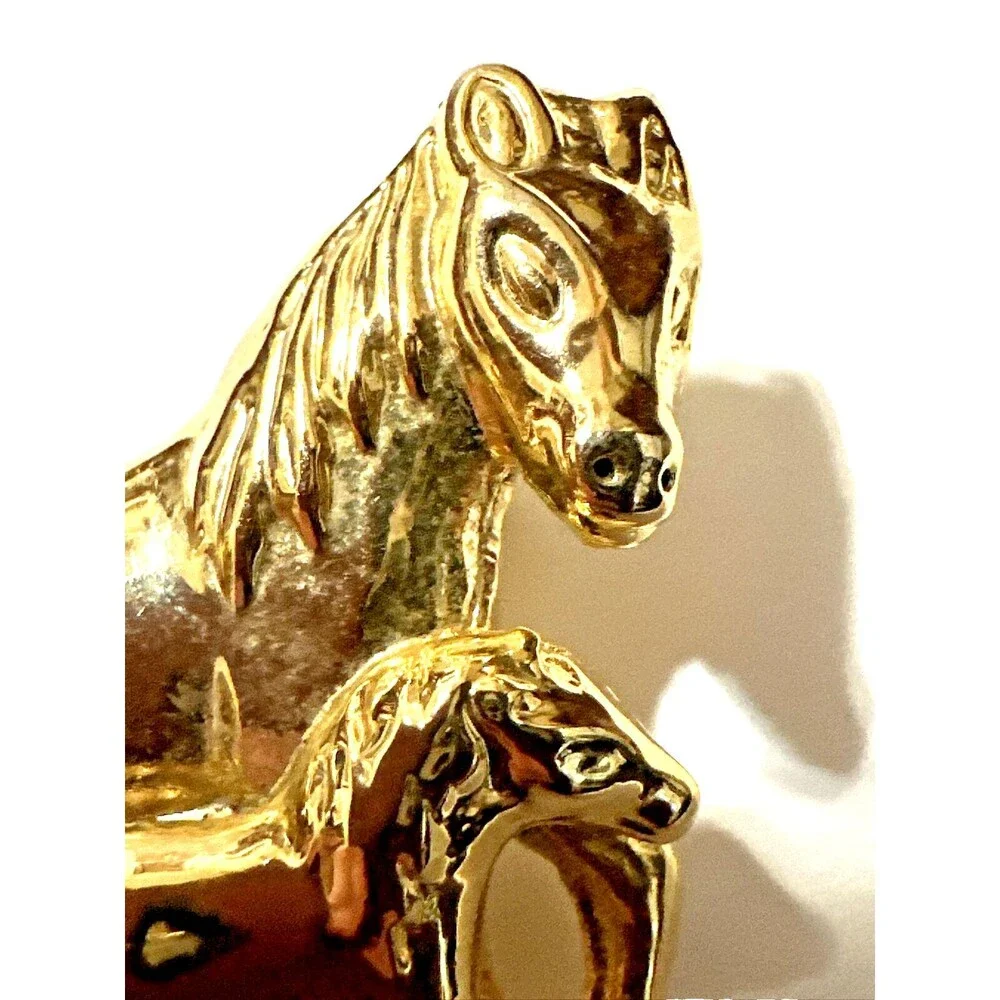 Vintage Horse Family Brooch Glossy Gold Tone Equestrian Statement Pin 2 1/2